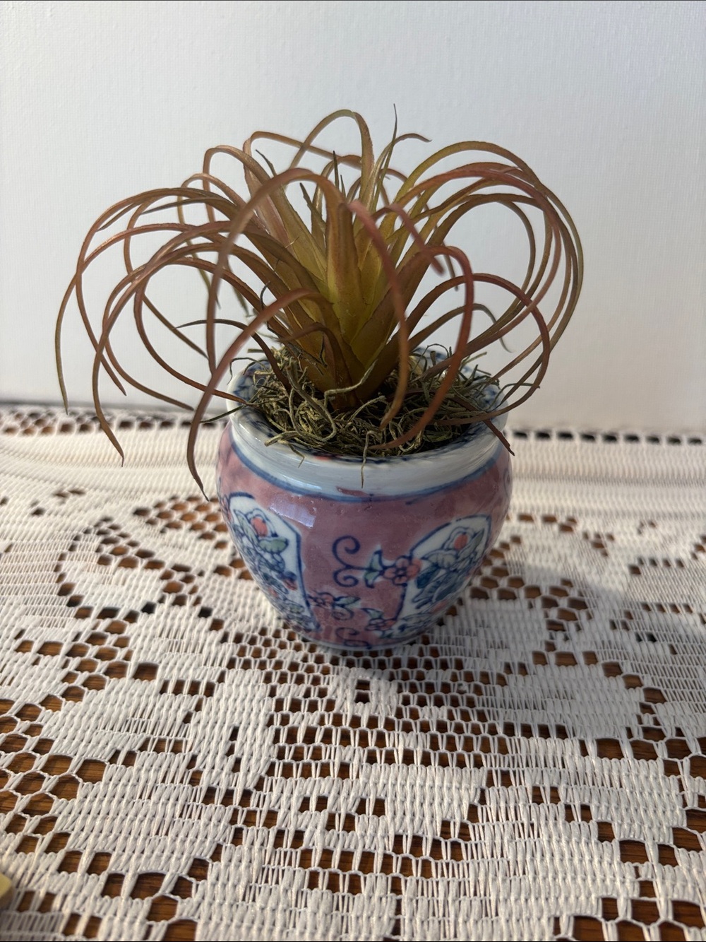 Pink Floral Mini Ceramic Planter with Faux Tillandsia